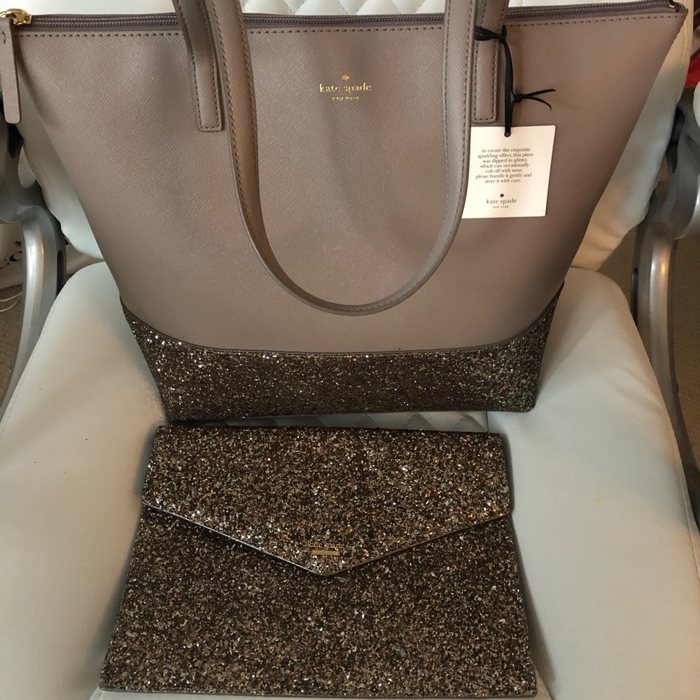 Kate Spade Penny Grey Glitter Tote & Clutch